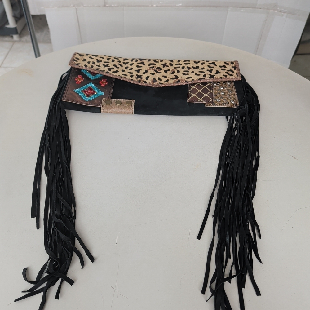 Double D Ranch Black Fringe Clutch with Leopard-Flap and Turquoise Accents